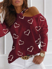 Trägerloses, sexy, modisches, lässiges Langarm-T-Shirt mit hängendem Hals und Liebesaufdruck 