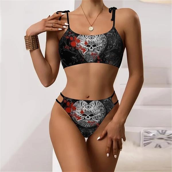 Gothic Love Skull Blood Printed Sexy Banded Bikini Swimsuit