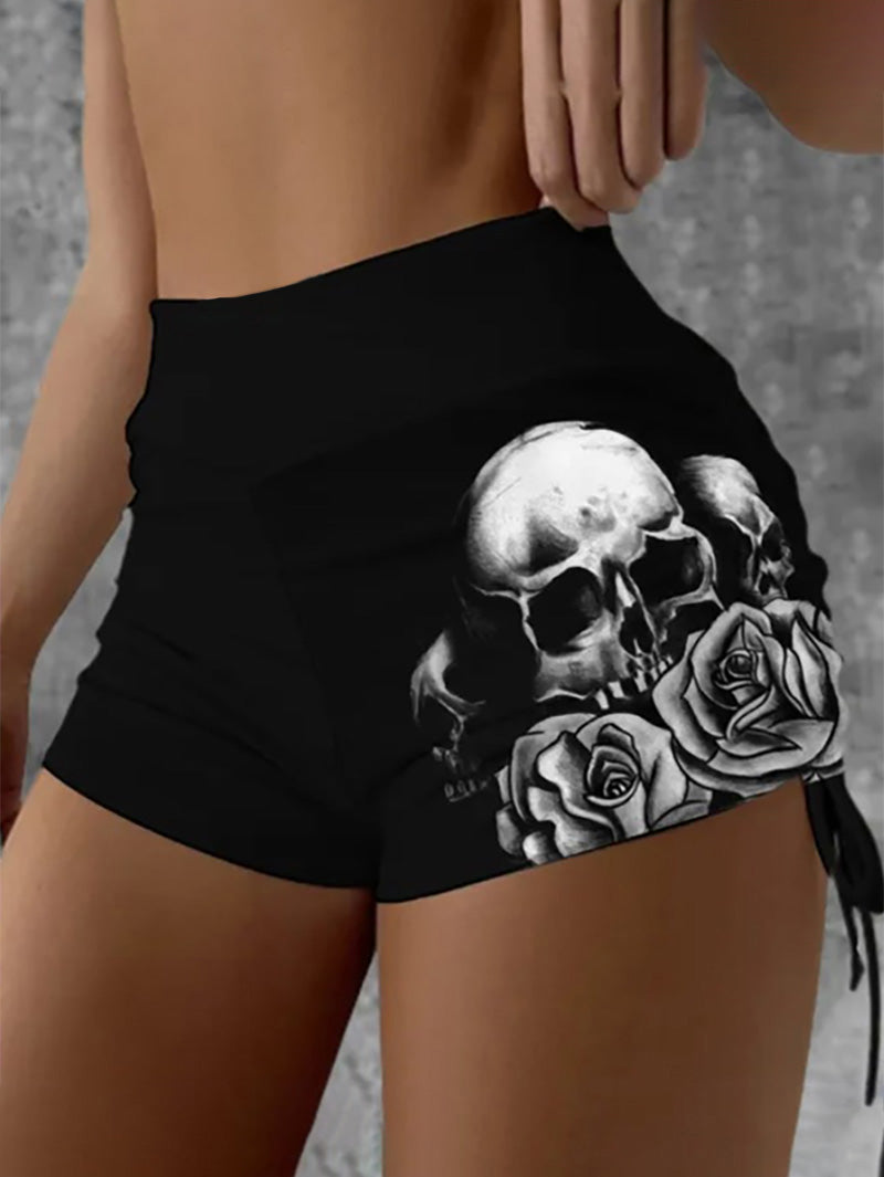 Yoga-Shorts mit Punk-Totenkopf-Rose und seitlichem Kordelzug 