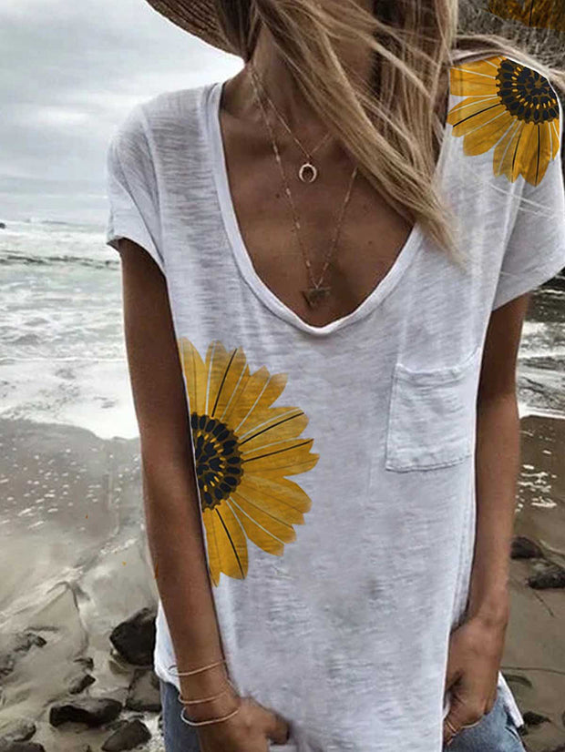 T-Shirt mit V-Ausschnitt und Sonnenblumen-Print 