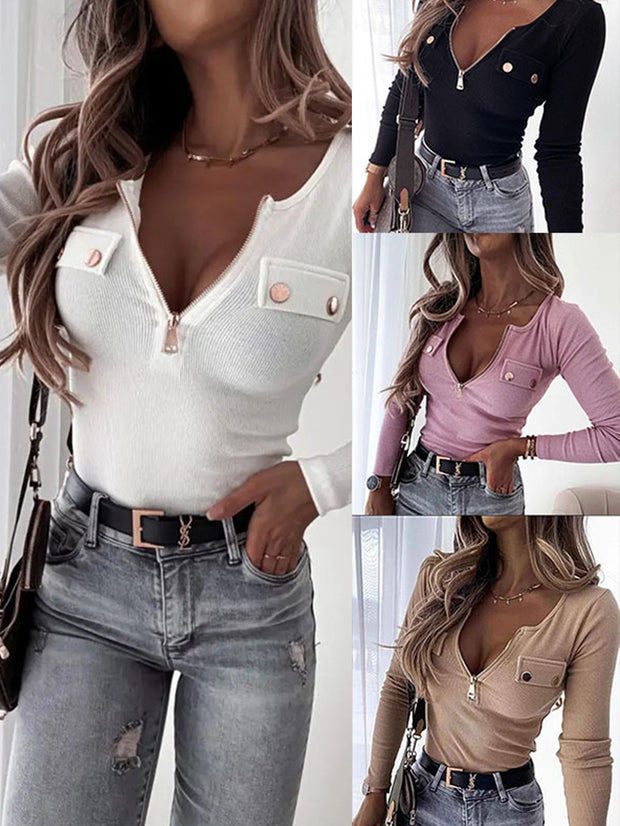 Fashion Knit Slim Type Long Sleeve Pullover Zip Top T-Shirt