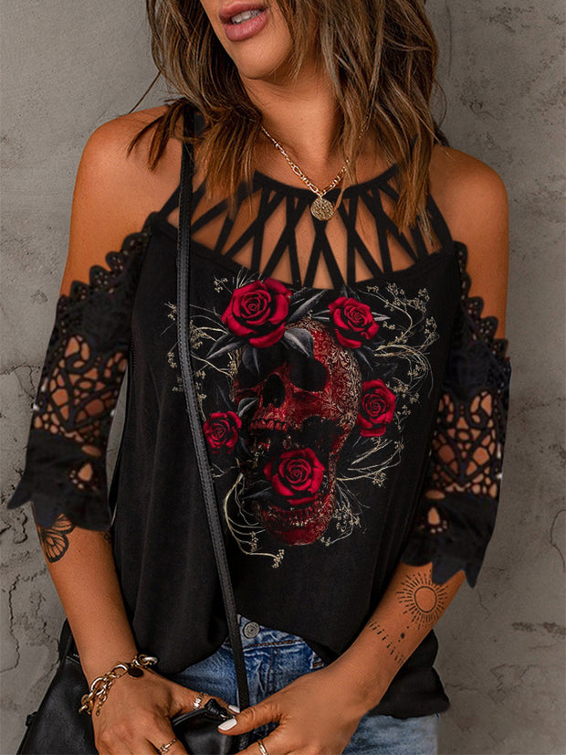 Skull Rose Print Lace Stitching Sexy Hollow Top