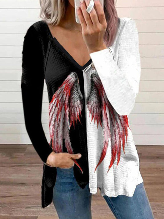 Angel Wings Print Long Sleeve Zip up V-neck Top