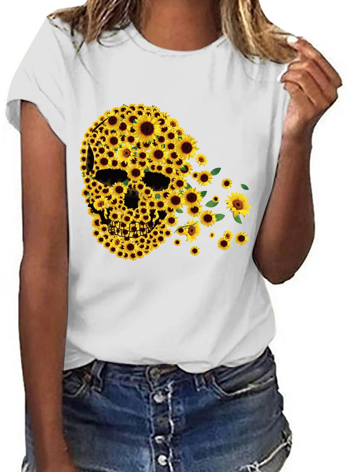 Short Sleeve Sunflower Skull Printed T-shirt