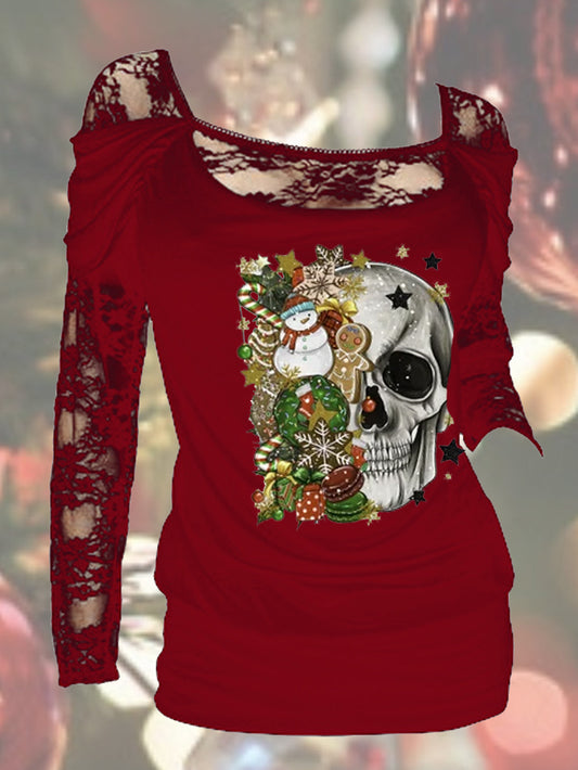 Haut à manches longues sexy en dentelle florale Skeleton Xmas