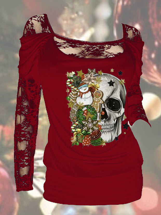 Sexy Langarm-Top mit Blumenspitze und Skelett-Motiv, Weihnachten