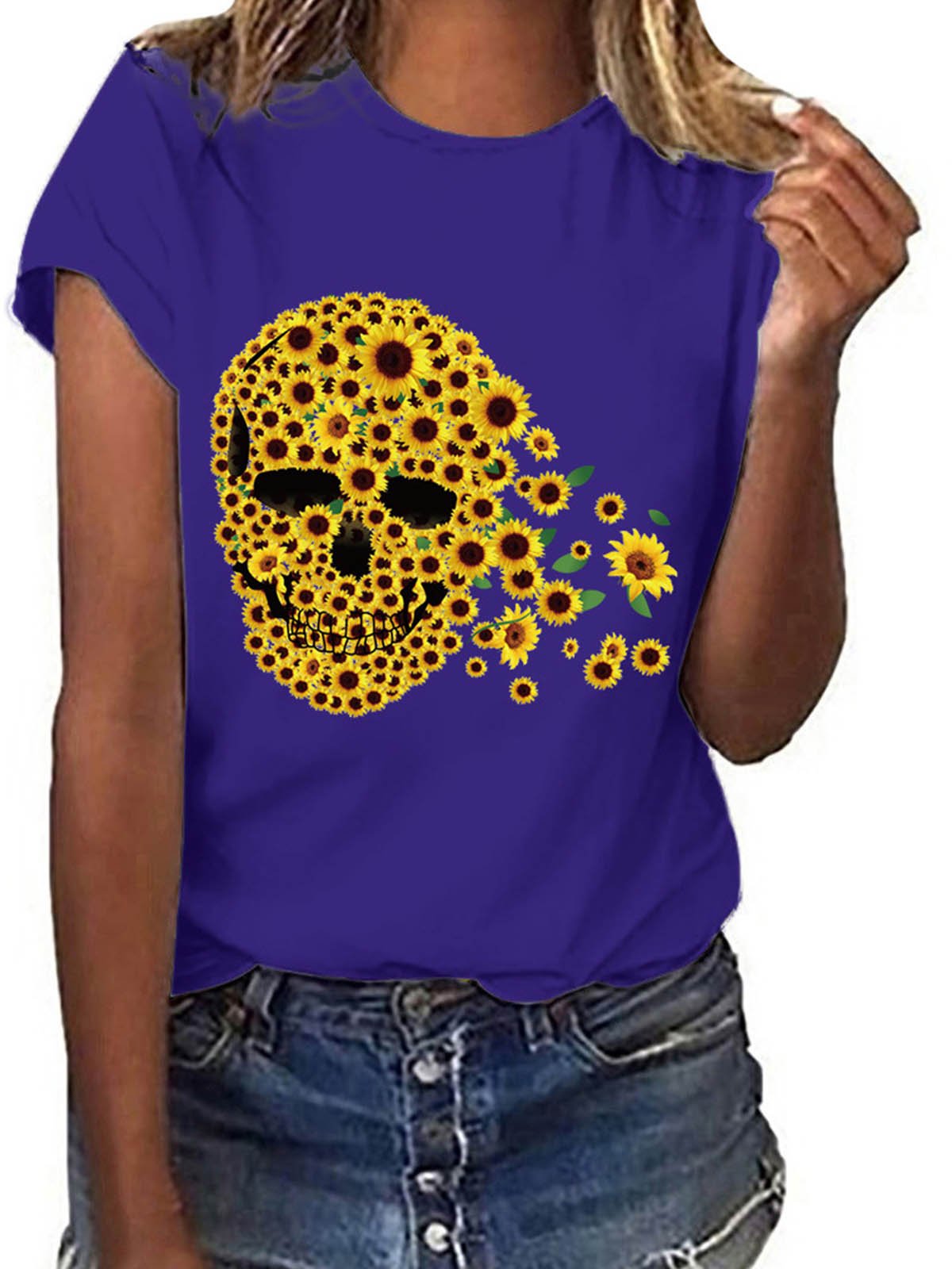 Short Sleeve Sunflower Skull Printed T-shirt