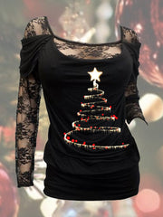Christmas Fireworks Tree Sexy Floral Lace Long Sleeve Top