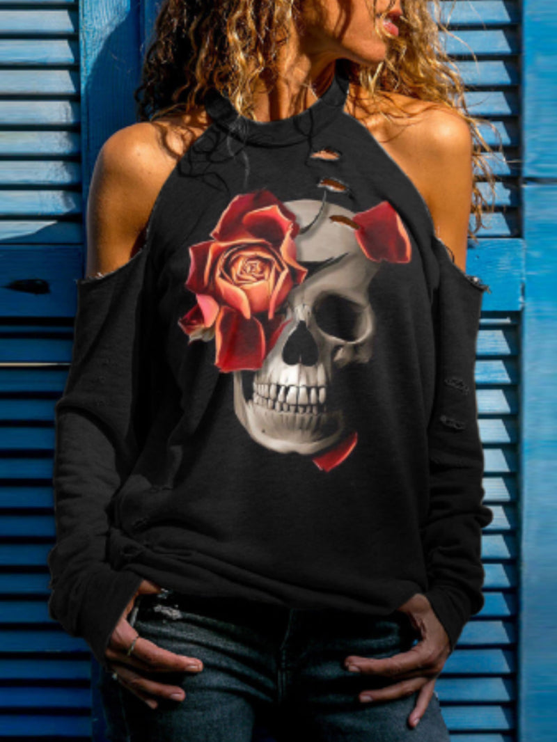 Rose Skull Print Ripped Strapless Sweatshirt