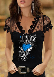 Flower Blue Heart Printed V-neck Lace Sleeve Slim Fit Patchwork Top