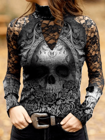 Lace Sexy Skull Printed Top