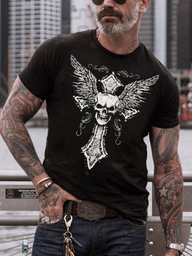 T-Shirt für Herren mit Aufdruck „Geflügelter Totenkopf“ 