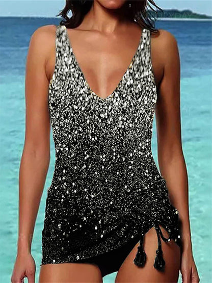 Sequined Printed Split Swimsuit