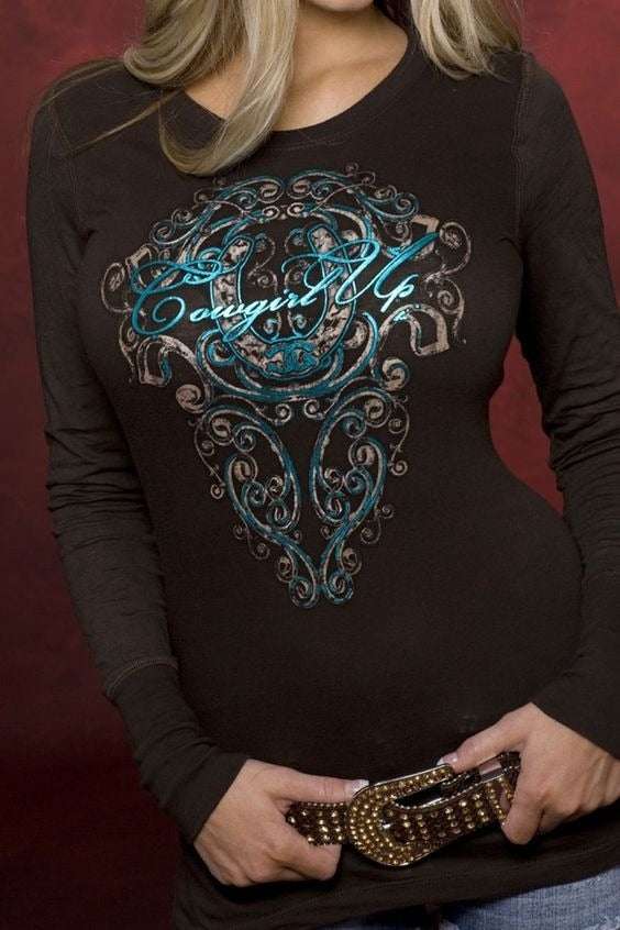 Cowgirl Up Print Gothic Style Round Neck Female T-shirt
