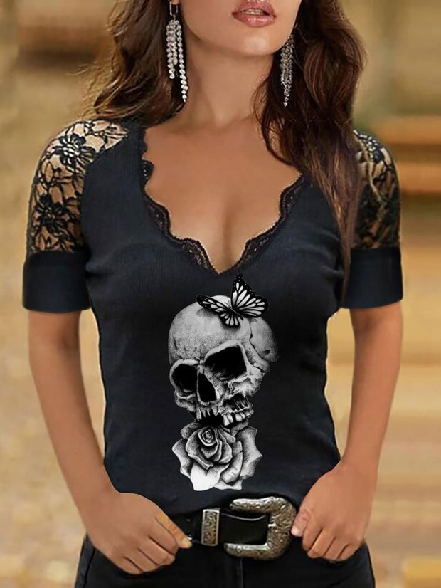 Sexy T-Shirt mit Rosen-Totenkopf-Grafik 