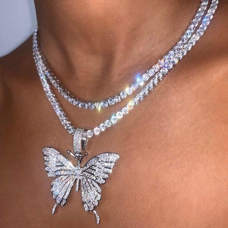 Butterfly Double-layer Rhinestone Pendant Necklace