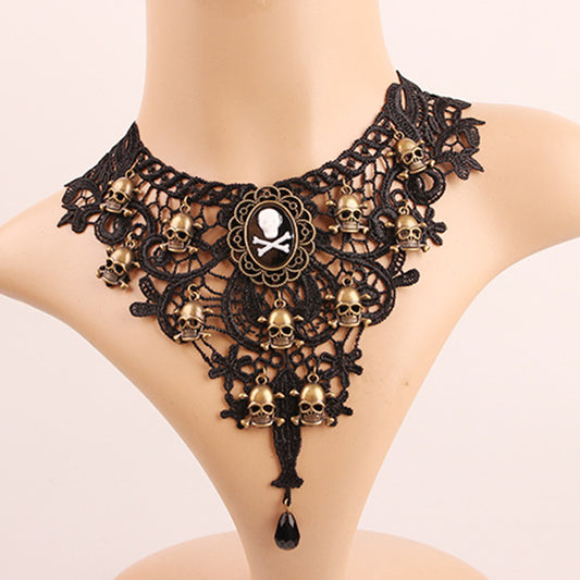 Punk Lace Skull Charms Necklace