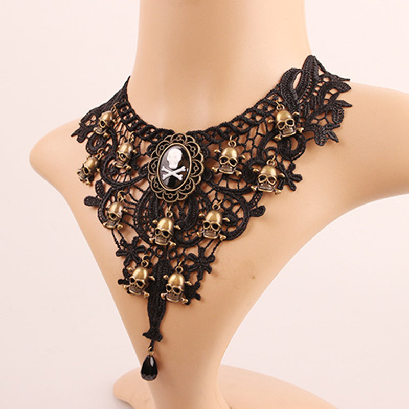 Punk Lace Skull Charms Necklace