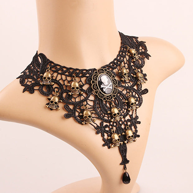 Punk Lace Skull Charms Necklace