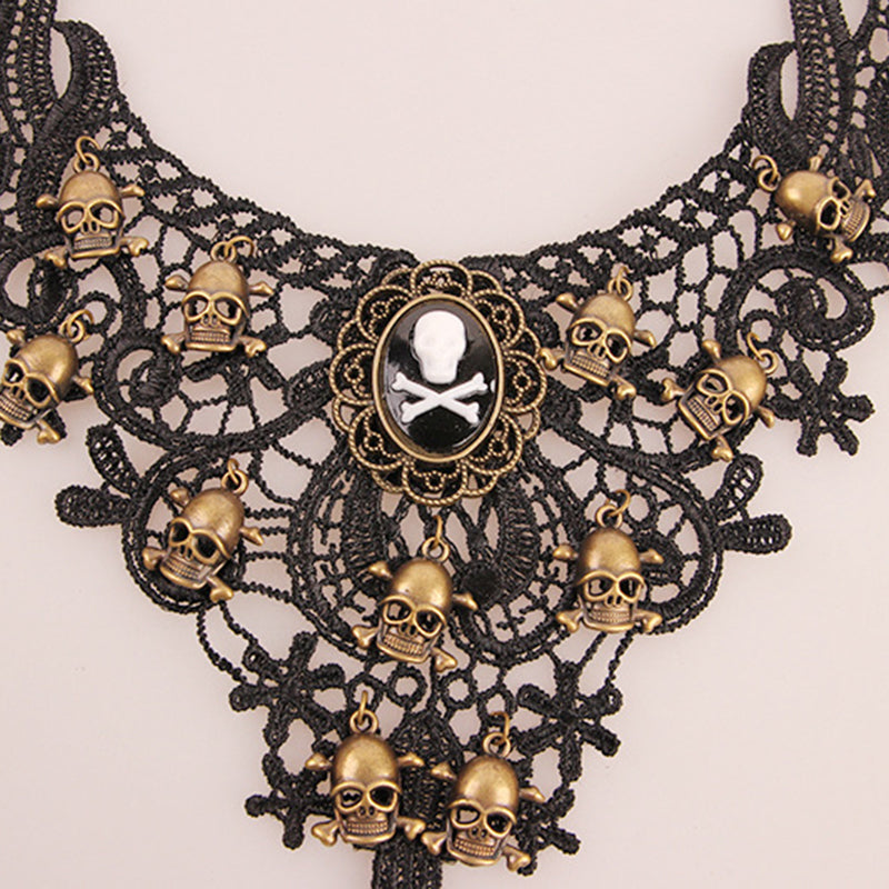 Punk Lace Skull Charms Necklace