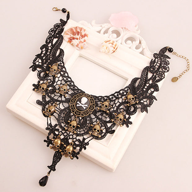 Punk Lace Skull Charms Necklace