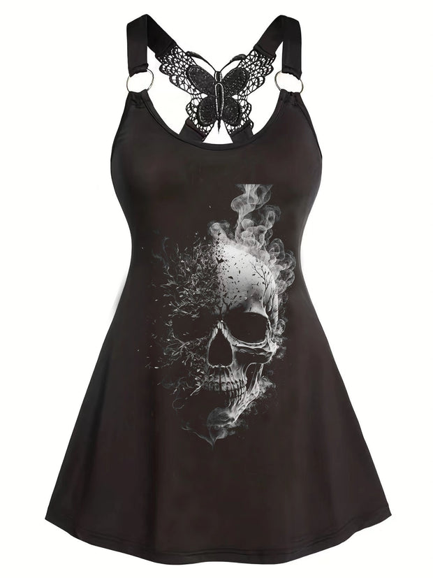Dark Smoke Skull Print Butterfly Sling Slim Fit Dress