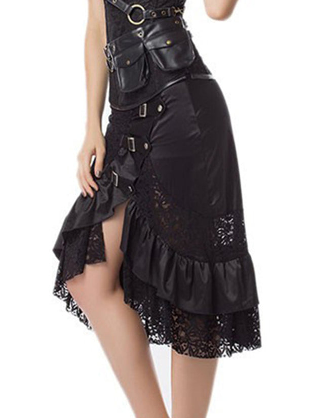 Sexy Punk Lace Patchwork Buckled Skirt
