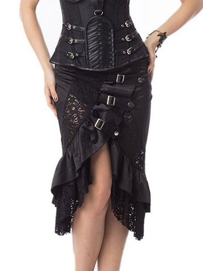 Sexy Punk Lace Patchwork Buckled Skirt