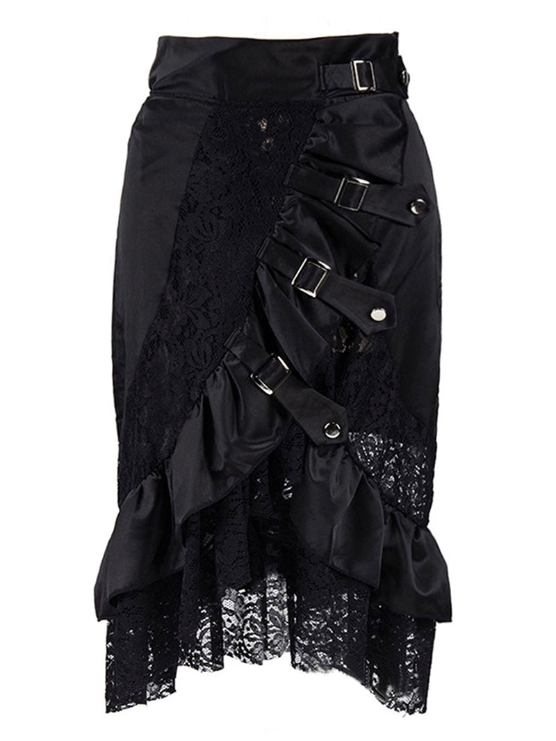 Sexy Punk Lace Patchwork Buckled Skirt