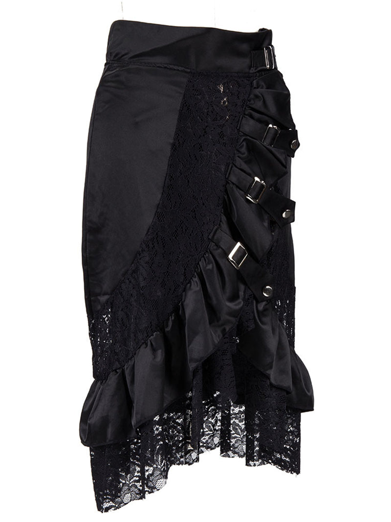 Sexy Punk Lace Patchwork Buckled Skirt