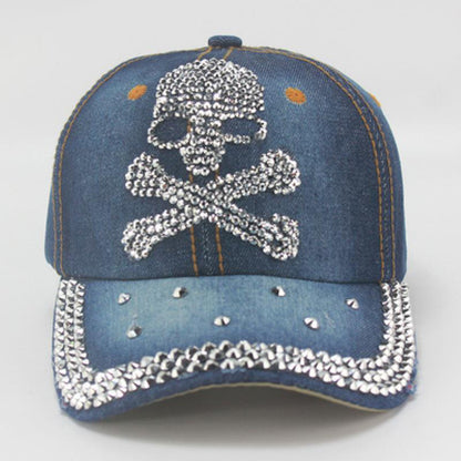 Casquette de baseball en jean avec tête de mort en strass 