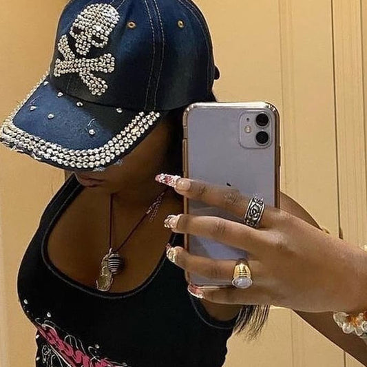 Rhinestone Skull Denim Baseball Cap