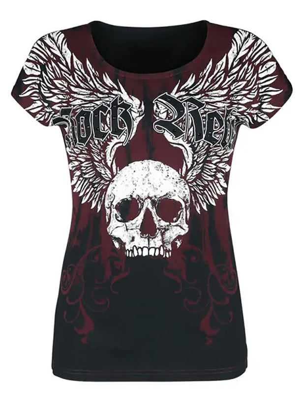 Damen-T-Shirt mit Rundhalsausschnitt und Totenkopf-Print 