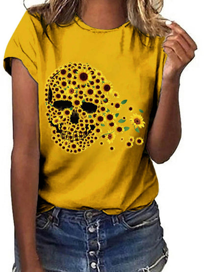 Short Sleeve Sunflower Skull Printed T-shirt