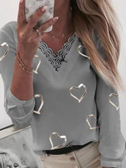 Heart Printed V-neck Lace Long Sleeve Shirt