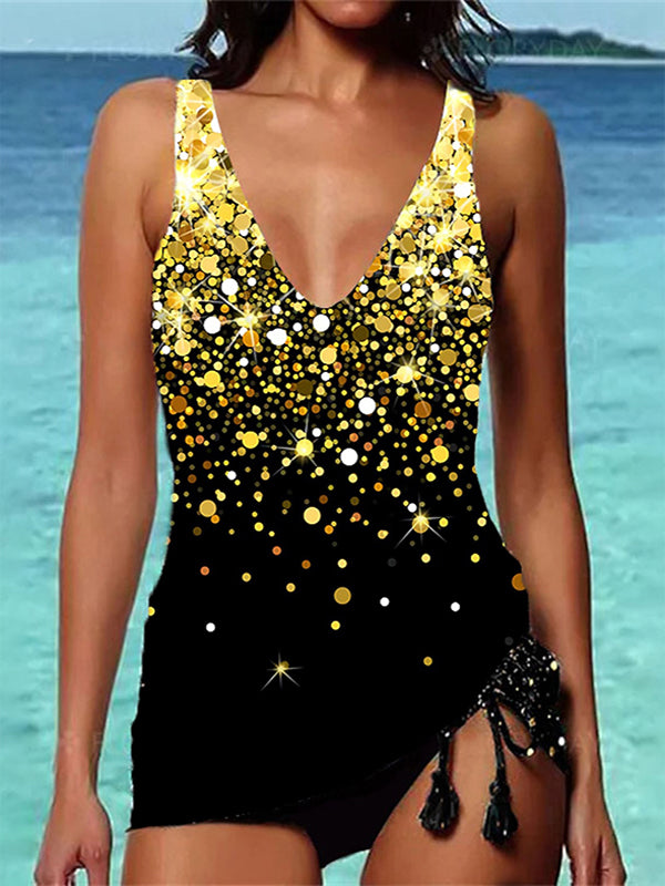 Sequined Printed Split Swimsuit