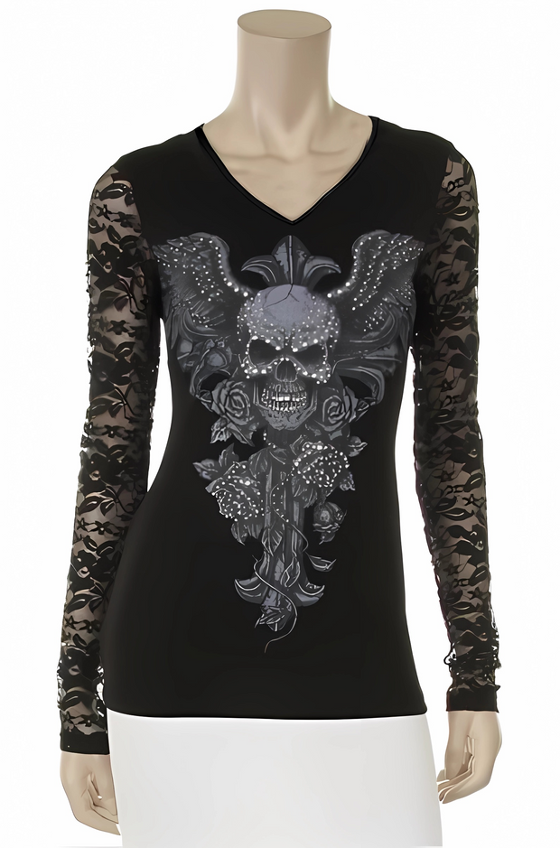 Gothic Dark Cross Skull Printed V-neck Lace Long Sleeve Top