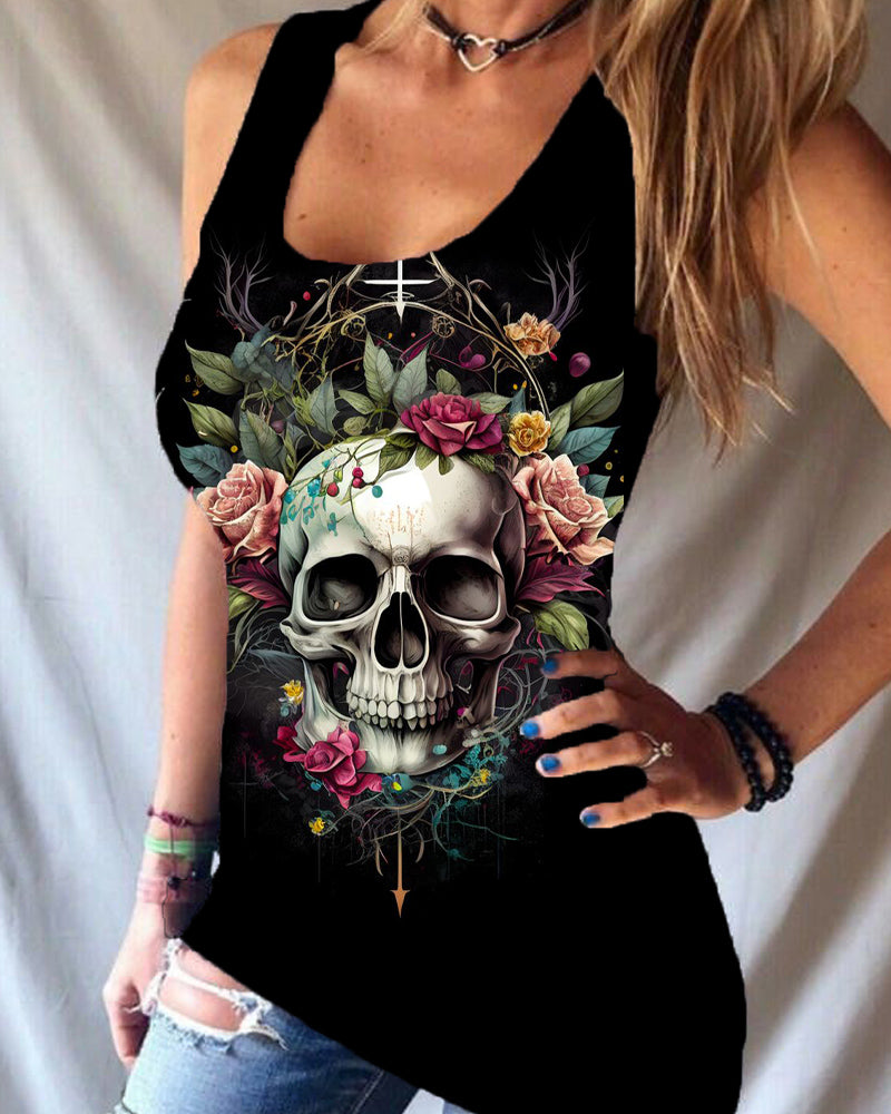 Colourful Rose Skull Sleeveless Vest