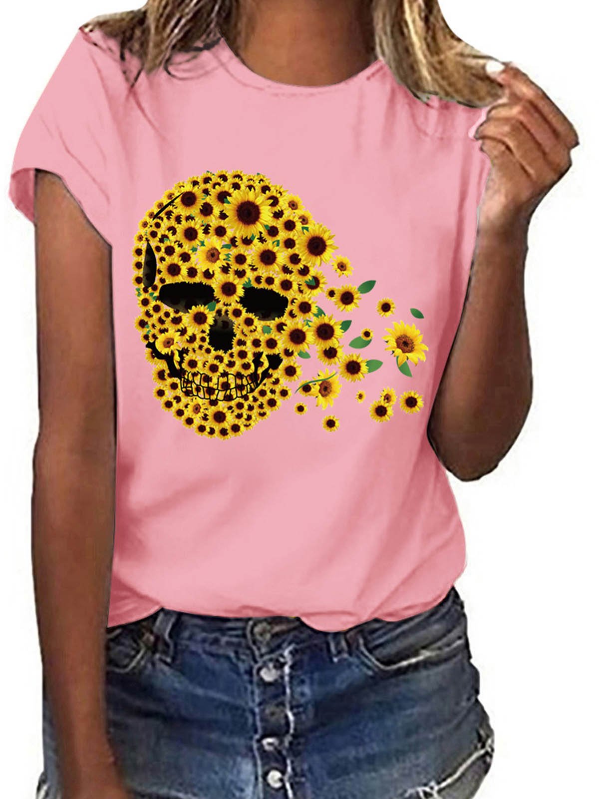 Short Sleeve Sunflower Skull Printed T-shirt