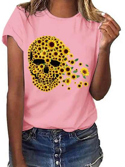 Short Sleeve Sunflower Skull Printed T-shirt