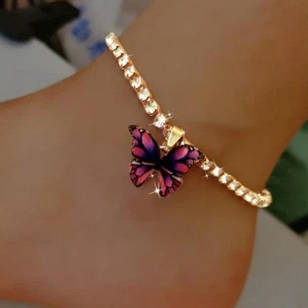 Bracelet de cheville papillon en strass pour femmes 