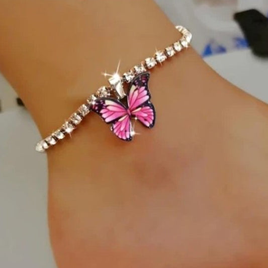 Bracelet de cheville papillon en strass pour femmes 