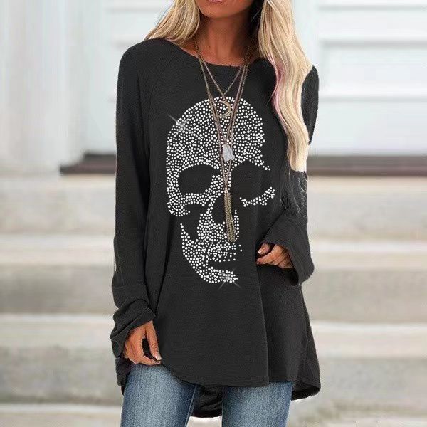 Skull Rhinestone Round Neck Long Sleeve Top