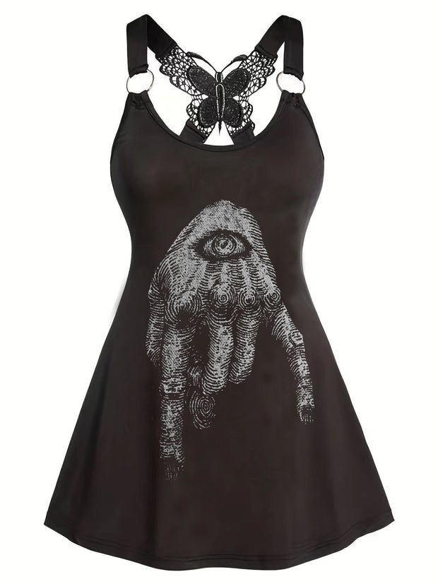 Schmal geschnittenes Kleid mit Devil's Eye Print und Schmetterlings-Print