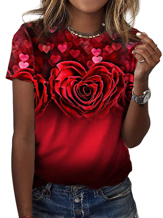 Women's Rose Print Loose round Neck Short Sleeve T-shirt