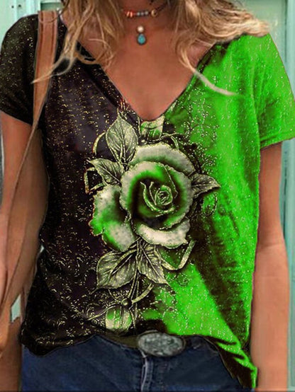 Rose Printed V-neck Short-sleeved T-shirt