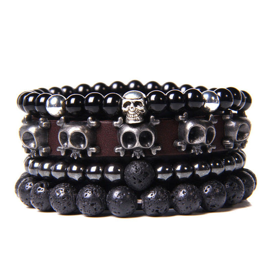 Lava Stone Skull Charm Men's Bracelet Set