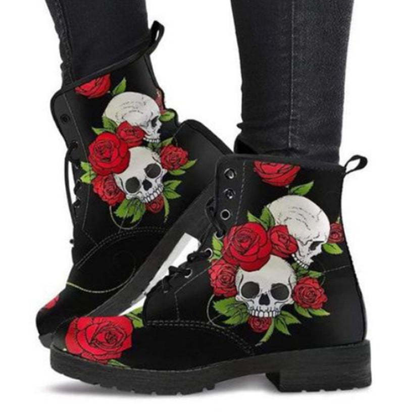 Skull and Flower Print Autumn/Winter High Top Martin Boots