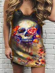 Skull print sleeveless V-neck mid-length T-shirt top