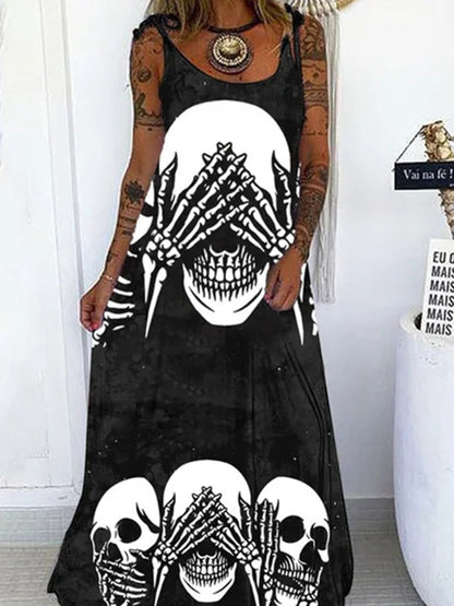 Loose Punk Skull-printed Lace-up Cami Dress